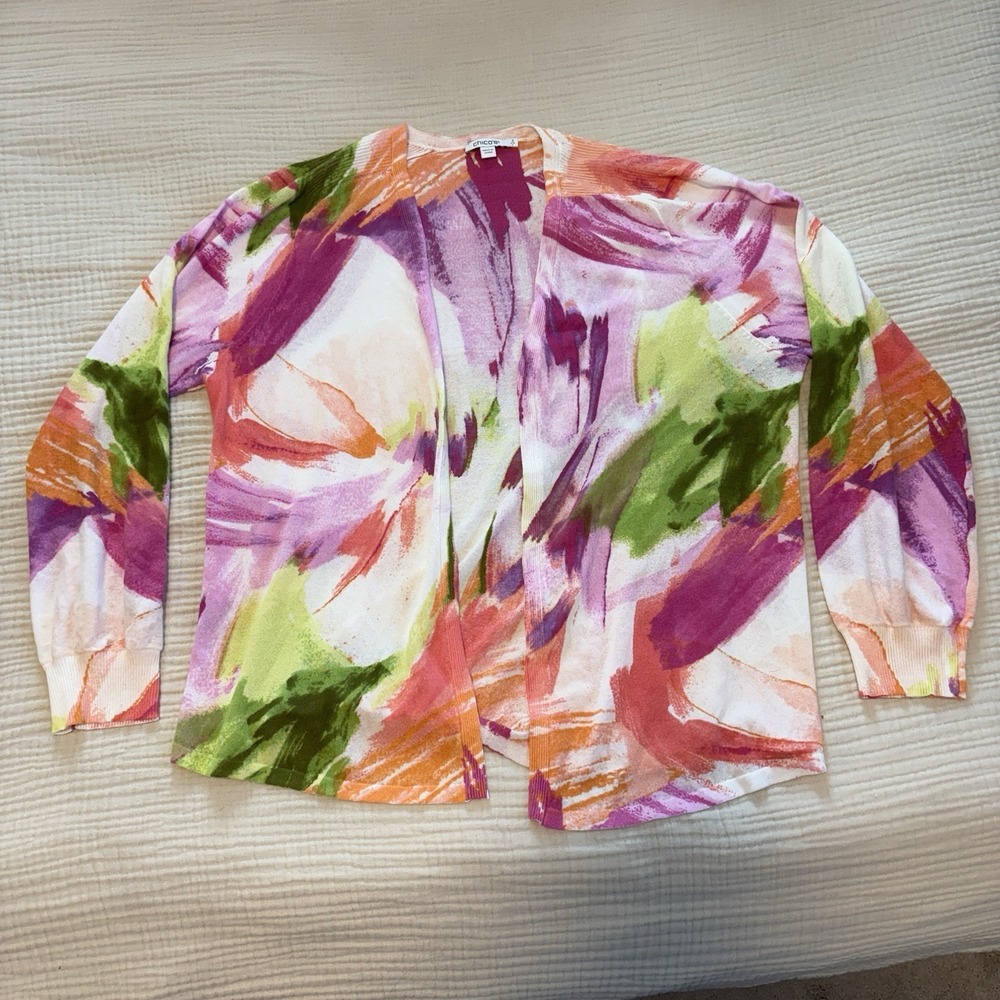 Chico's Easywear Cardigan Size 2 Large Tropical Floral Open Front 3/4 Sleeve